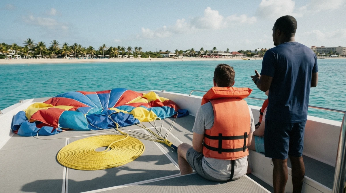A parasail crew briefing riders on the boat deck before takeoff during parasailing in St Maarten at Orient Bay